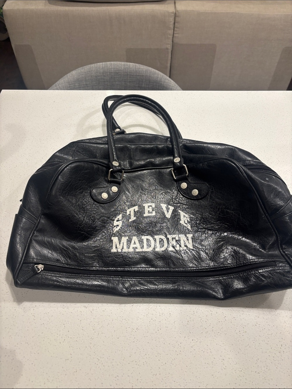 Steve Madden Black Leather Duffel with White Logo
